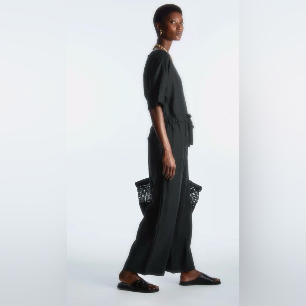 COS Black Linen Belted Jumpsuit – Round Neck, Back Button Slit, Ankle Length